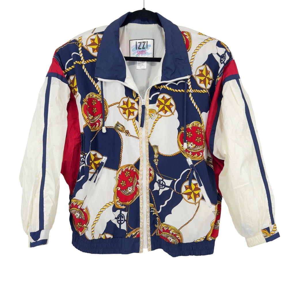 Vintage Izzi Sport Nautical Chain Print Windbreaker Jacket Red White Blue M